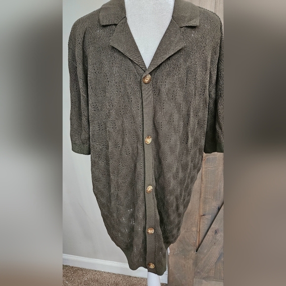 WINWARD Open Knit Camp Collar Button Down Short Sleeve Shirt. Olive. XL NWT - Picture 10 of 16